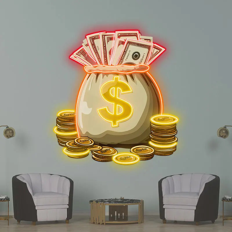 Money And Gold Coins Bag Neon Sign, Creative Wall Hanging Neon Light, Perfect Gift Good Luck Decor Light