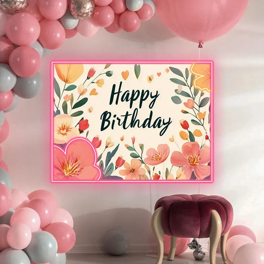 Floral Happy Birthday Neon Light – Beautiful Flower-Themed LED Sign for Birthday Party Decors, Perfect for Elegant Celebrations