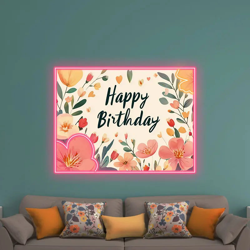 Floral Happy Birthday Neon Light – Beautiful Flower-Themed LED Sign for Birthday Party Decors, Perfect for Elegant Celebrations