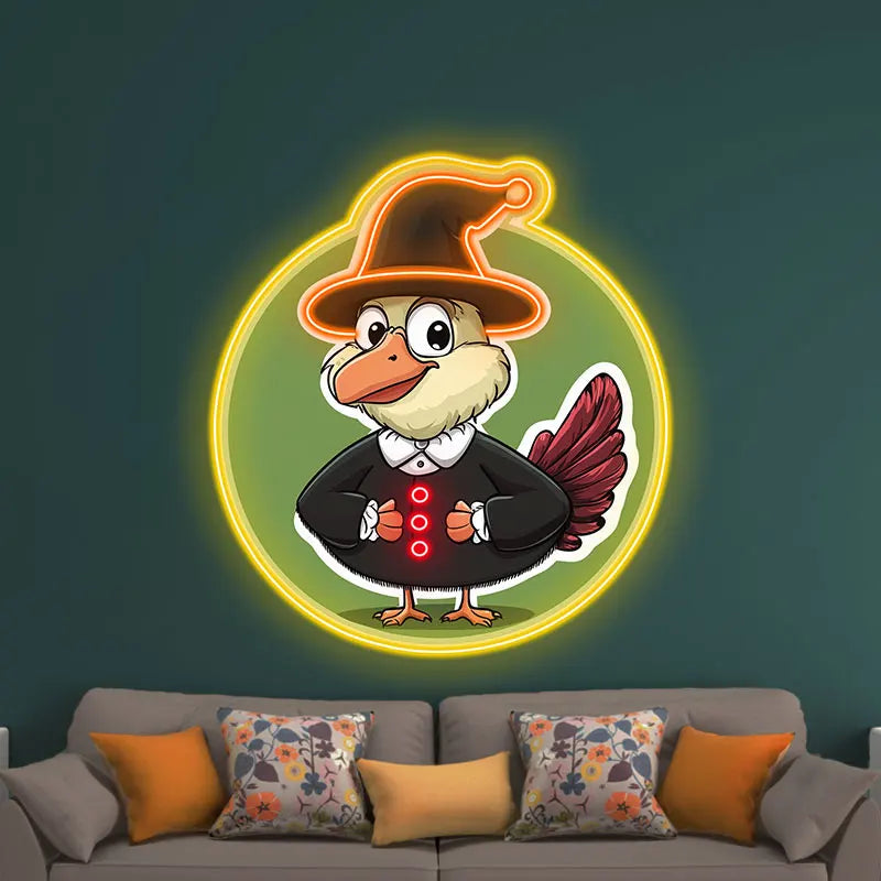 Neon Cartoon Turkey Hat Display Sign, Bright & cheerful turkey in hat, perfect for children's parties & Thanksgiving decorations