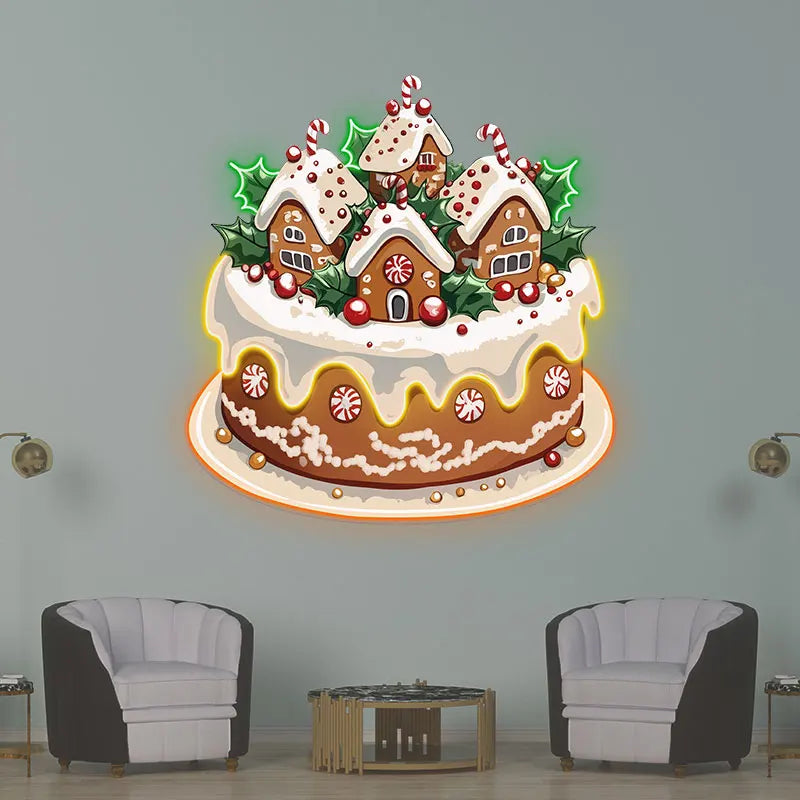 Christmas Little Houses Cake Neon Sign, Creative Wall Hanging Neon Light, Whimsical Christmas Decor Light Full Of Ritual