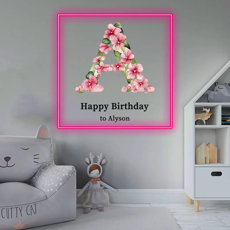 Birthday Neon Sign with Flowers Letter, Name Neon Sign for Birthday Party, Birthday Gift for Room Decor, Colorful Party Supplies