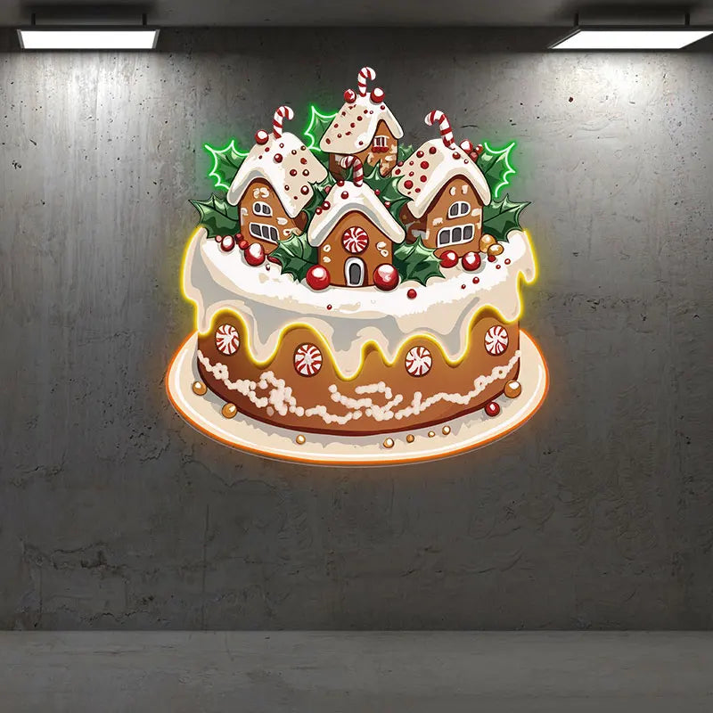 Christmas Little Houses Cake Neon Sign, Creative Wall Hanging Neon Light, Whimsical Christmas Decor Light Full Of Ritual