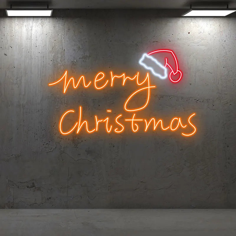Modern Neon Christmas Sign – Merry Christmas Text with Santa Hat Glow, Trendy Wall Art for Holiday Parties or Winter Home Decor