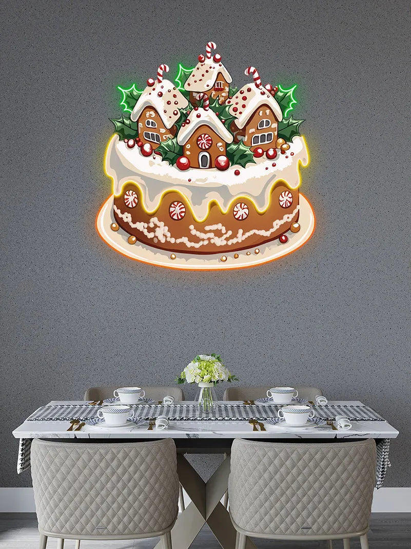 Christmas Little Houses Cake Neon Sign, Creative Wall Hanging Neon Light, Whimsical Christmas Decor Light Full Of Ritual