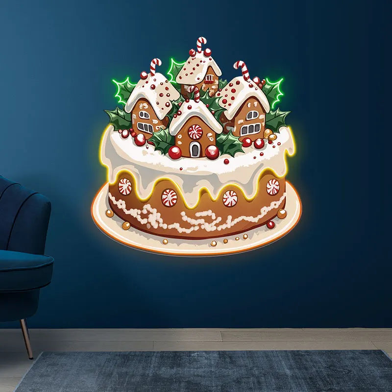 Christmas Little Houses Cake Neon Sign, Creative Wall Hanging Neon Light, Whimsical Christmas Decor Light Full Of Ritual