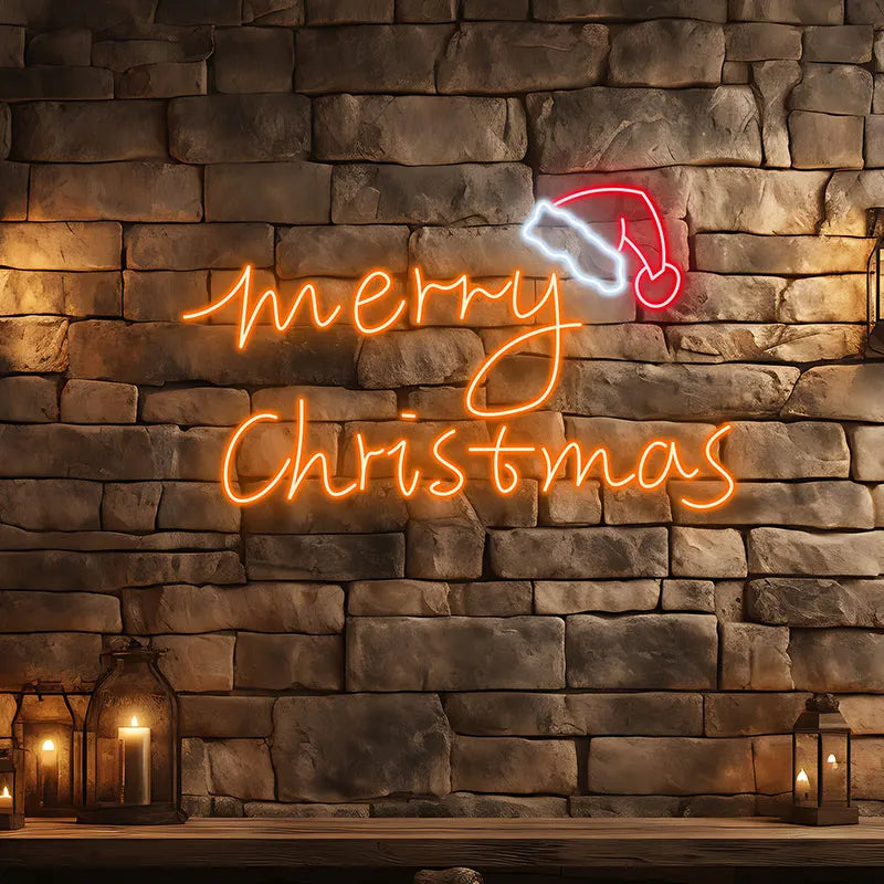 Modern Neon Christmas Sign – Merry Christmas Text with Santa Hat Glow, Trendy Wall Art for Holiday Parties or Winter Home Decor